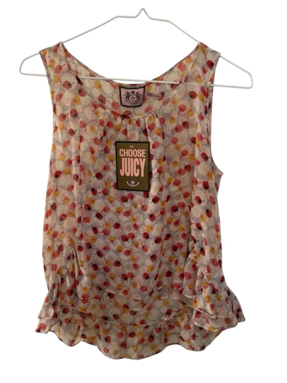 Juicy Couture Silk Floral Ruffle Sleeveless Top Cream Orange Size Small S Blouse